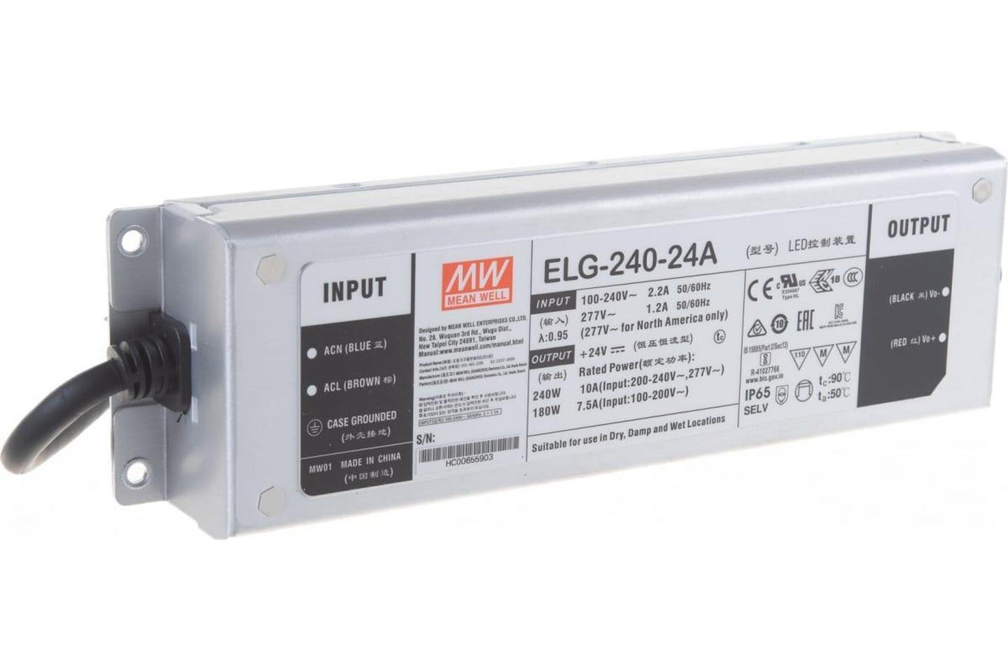 ELG-240-24A, AC/DC LED, 24В,10А,240Вт,IP65 блок питания для светодиодного освещения